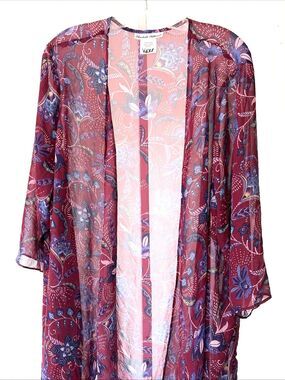 Elisabeth Williams Women Open Cardigan Red Pink Floral kimono Semi Sheer 3X